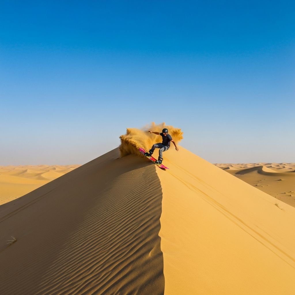 Sandboarding down the dunes in the morning light